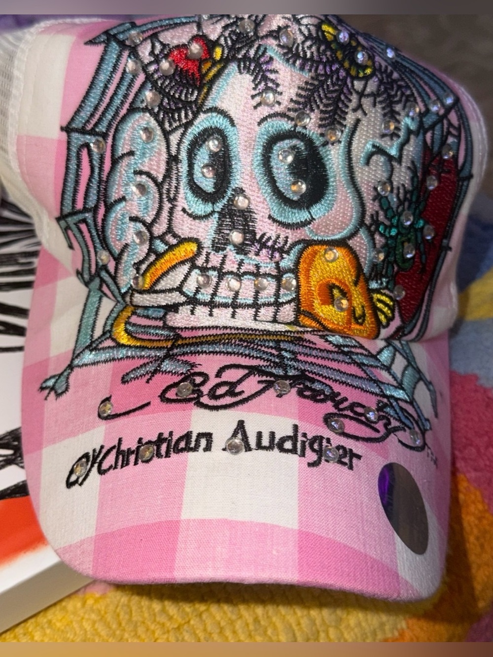 Ed Hardy  Christian Audigier  Skull  Trucker Hat Pink & White Plaid     NWT